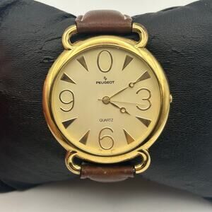 Vintage Peugeot Gold Tone Brown Leather Men’s Watch Working New Battery